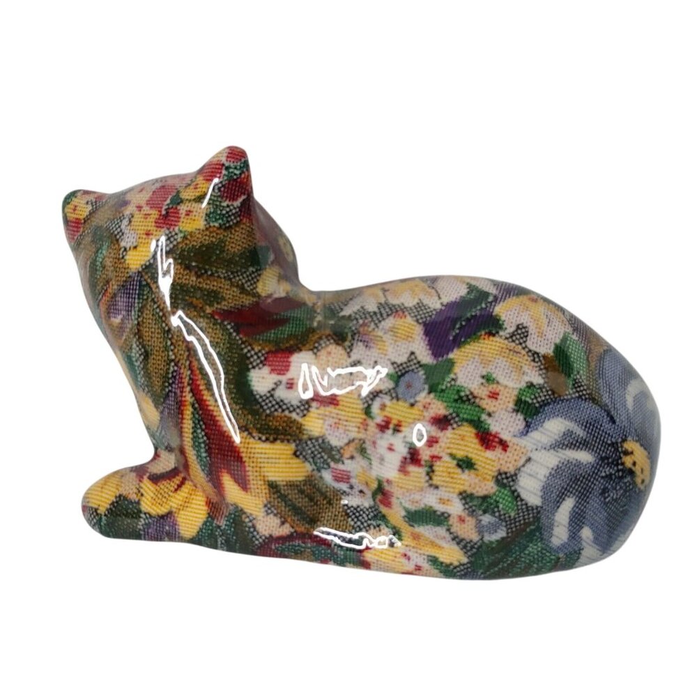 Chintz Calico Cat Floral Figurine Fabric Covered Cat Ceramic Maroon Blue Yellow - Picture 6 of 7